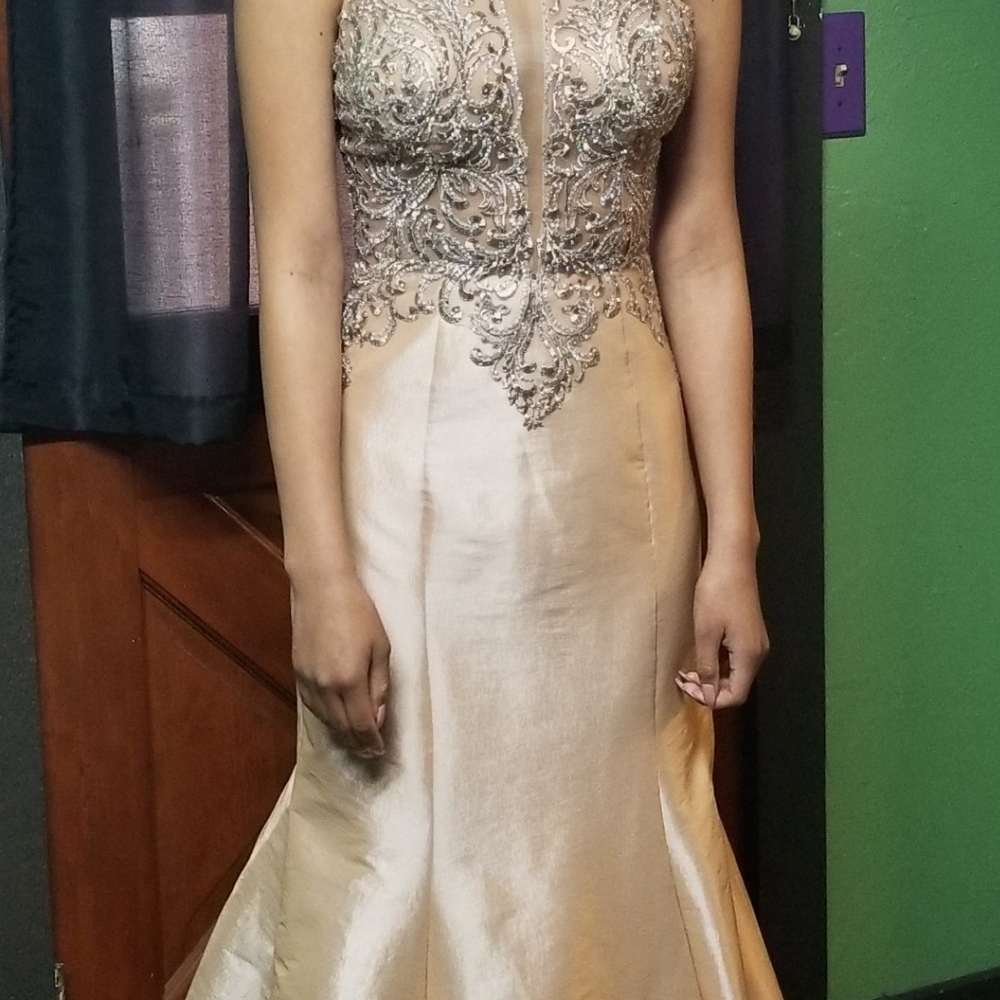 Elegant Beaded Evening Gown in Champagne